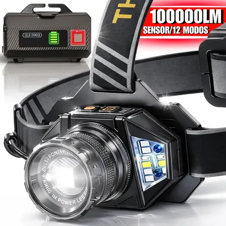Lanterna De Cabeça Led Sensor Movimento 12 Modos Recarregável Power Bank Usb Alta Potência Ciclismo Camping Pesca Reparo Noturna Zoom Ajustável Ipx4 Resistente Mãos Livres Frontal 10000 lm