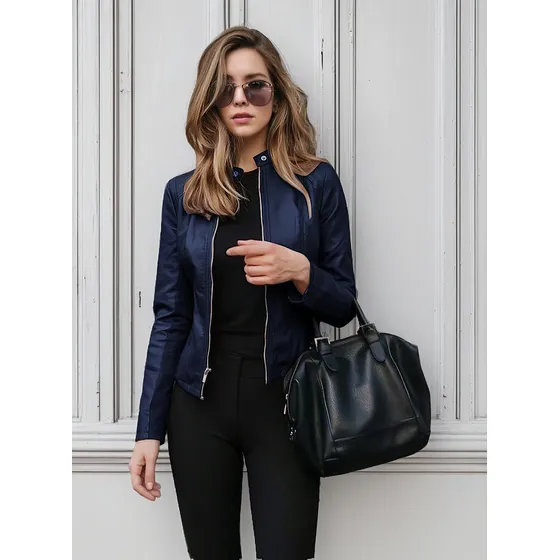 Chaqueta Casual De Cuero Con Cremallera Para Mujer