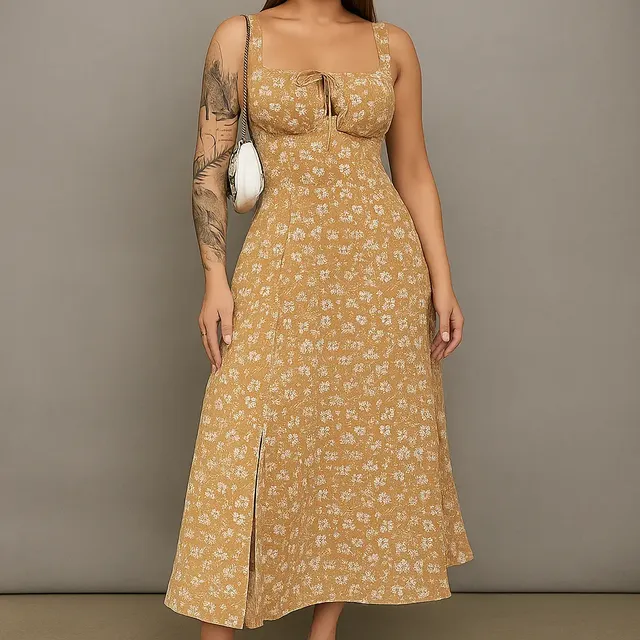 Vestido Midi Floral Feminino Com Fenda Lateral E Laço.