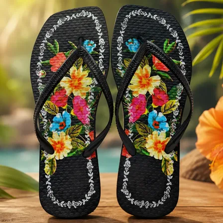 Chinelo De Dedo Feminino Casual Verão Estampa Praia Tropical Preto 37.38 Br