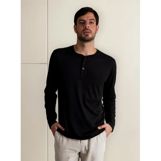 Polo Henley 100% Algodón Pima Cuello Con Botones Manga Larga