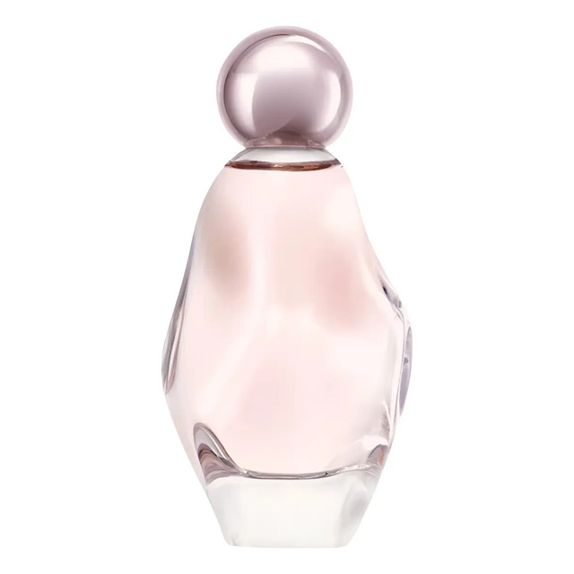Frasco de perfume Kylie Jenner Cosmic de 100ml com design escultural orgânico em vidro transparente com líquido rosado e tampa esférica metalizada