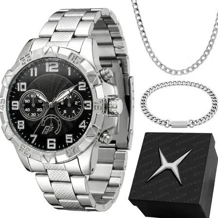 Relogio Masculino Prata Aço + Corrente + Pulseira + Caixa Prateado Preto