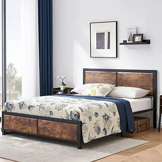 Cama Queen Vecelo Con Cabecera De Madera Vintage, Estructura