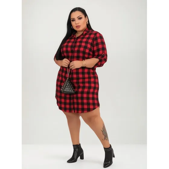 Chamise Xadrez Plus Size Manga Longa Viscolaycra Moda 