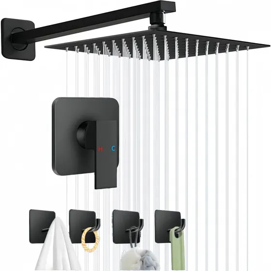 Regadera Cuadrada Negro Monomando Tipo Lluvia Alta Presión Ducha Acero inoxidable Mate