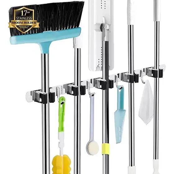 Colgador Organizador De Acero Inox. Con Portaescobas Para 5