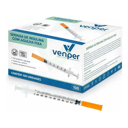 Seringa De Insulina 1ml Agulha Fixa 0,30x8mm Venper Cx100und 1 Ml