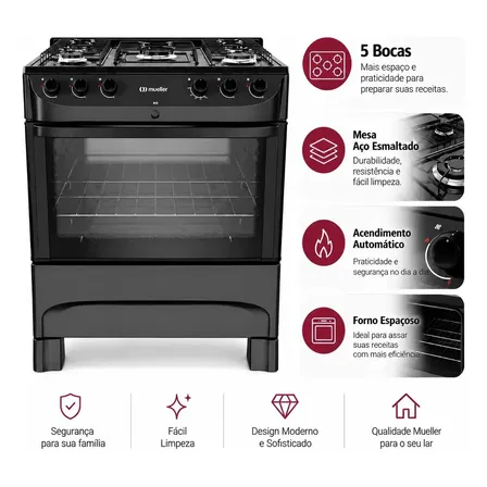 Fogão A Gás Mueller Mfi5bc 5bocas Mesa Esmaltado Prto-bivolt Preto 127/220v