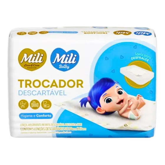 Lençol Absorvente Descartável Mili 84cm x 63cm Pacote 5 Unidades