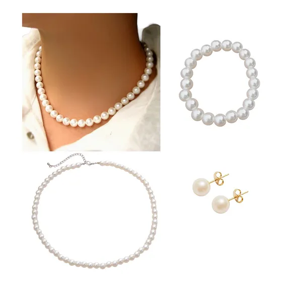 Conjunto Colar Gargantilha Brincos Pulseira Pérola Presente