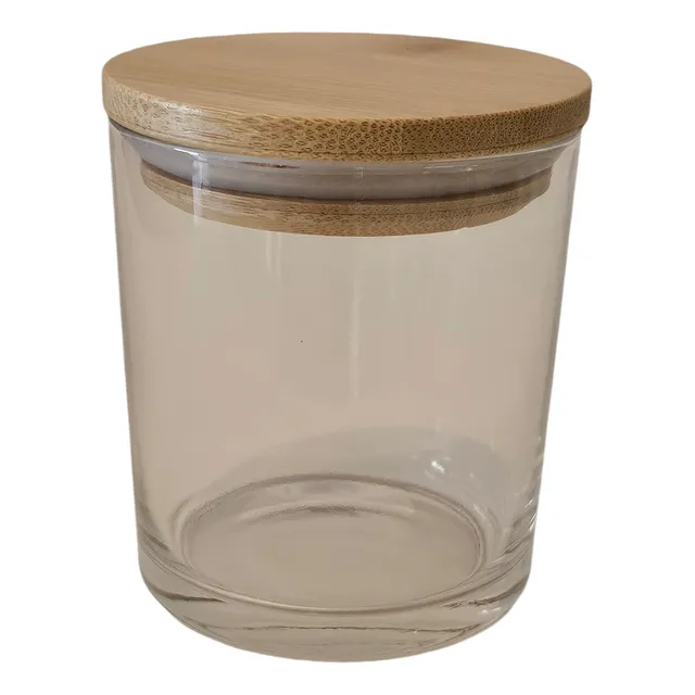 Vaso De Vidrio Para Velas 73x80 Con Tapa De Bamboo