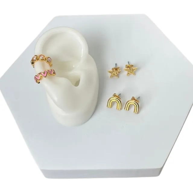 Kit Aretes X 2 Earcuff X 2 Avemaria Rainbow Arcoiris Corazón