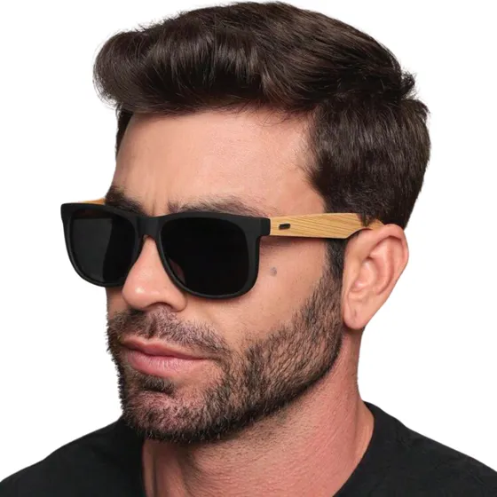 Óculos Sol Masculino Quadrado Haste Madeira Preto Estilo Uv