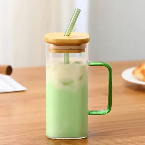 Vaso De Vidrio Con Tapa De Bambú Con Pitillo  2uni