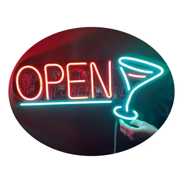 Cartel Neón Led Open + Copa Trago Luminoso - Llamativo -