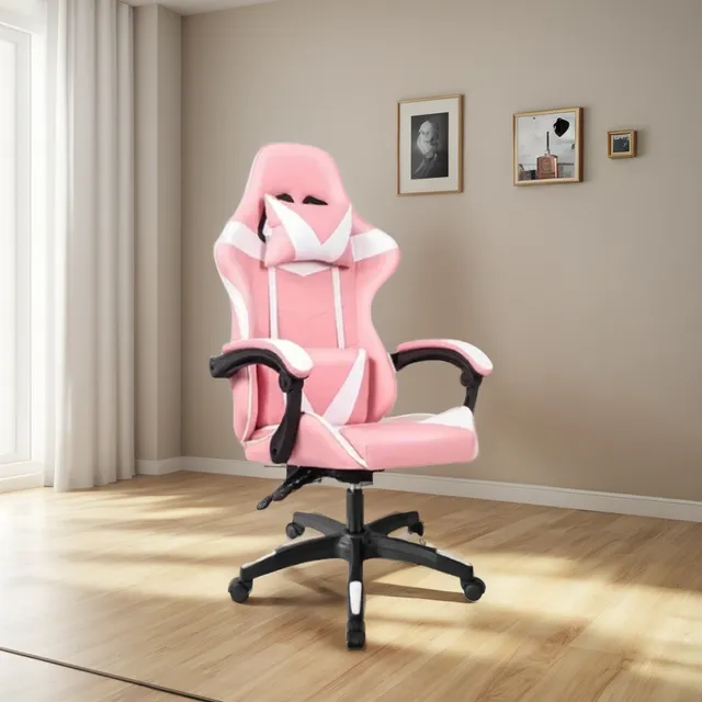 Silla Gamer En Cuerina Rosado Y Blanco Con Cojin