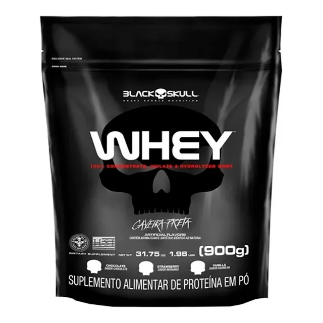 Suplemento Em Pó Black Skull Caveira Preta Whey Proteínas Sabor Morango