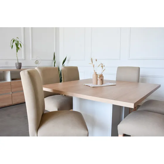 Combo Mesa Comedor + 6 Sillas Vestidas Color Paraiso y Blanco CAMEL Diseño de la tela de las sillas Liso
