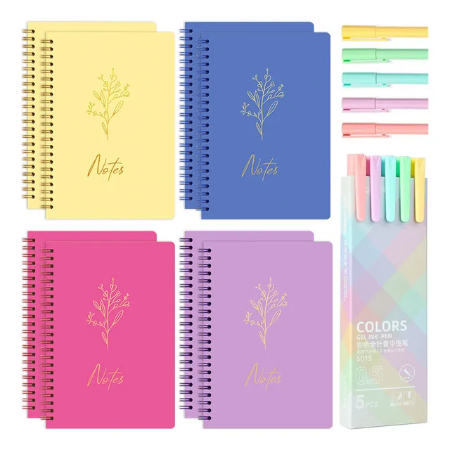 8pzs Cuaderno A5 En Espiral Libreta Profesional Y 5 Plumas Color 4 Colores