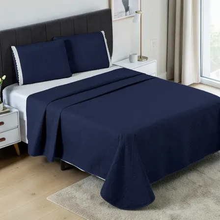 Cobre Leito Casal Queen 3 Peças Colcha Cama Kit Conforto Azul-escuro Liso