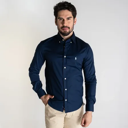 Camisa Ralph Lauren Slim Azul Marinho Manga Longa
