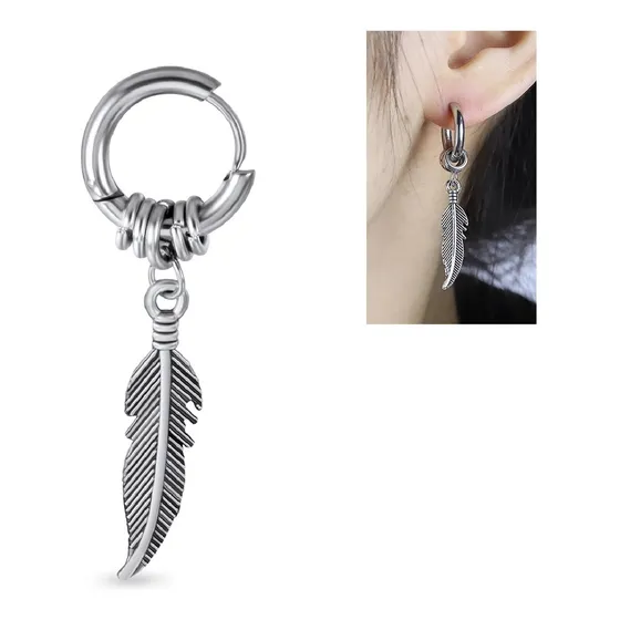 Aros Mujer Hombre Argolla Pluma Colgante Plata