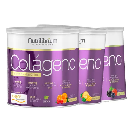 3x Colágeno Verisol Hidrolisado Com Ácido Hialurônico 200g 