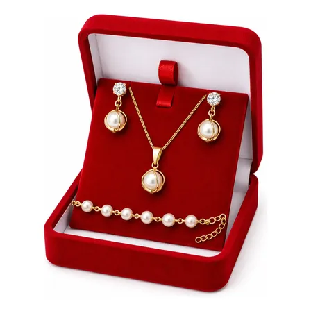 Colar Pingente Pérola Brilhante Banhado Ouro 18k + Brincos Dourado 45cm