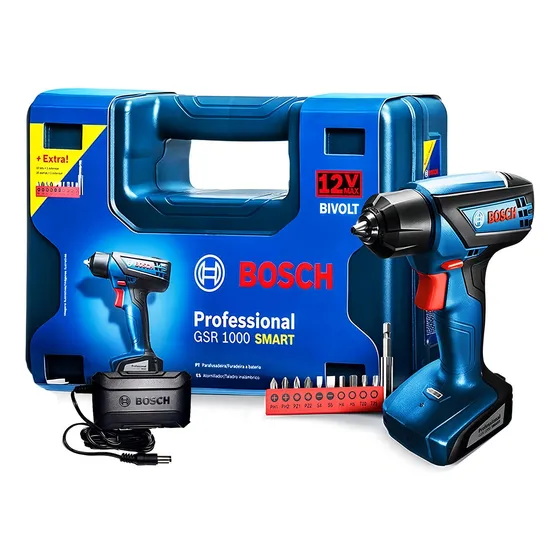 Furadeira parafusadeira sem fio de 6mm Bosch GSR 1000 12V + 1 batería de 1.5Ah + acessório com maleta de transporte 50Hz