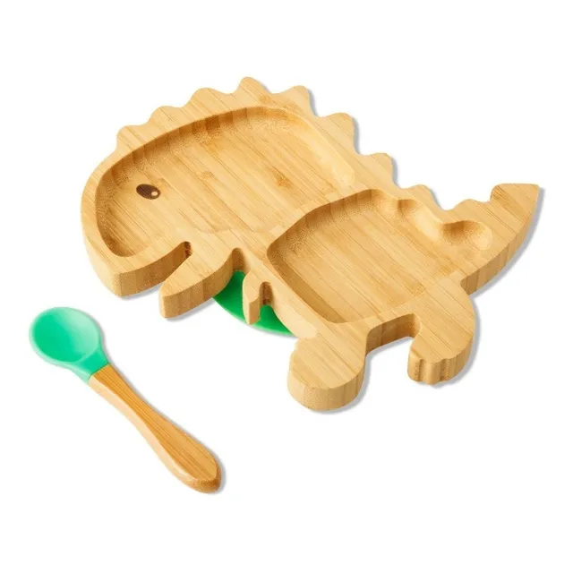 Plato Con Silicona Cuchara 100% De Bambú Para Bebé Color Dino