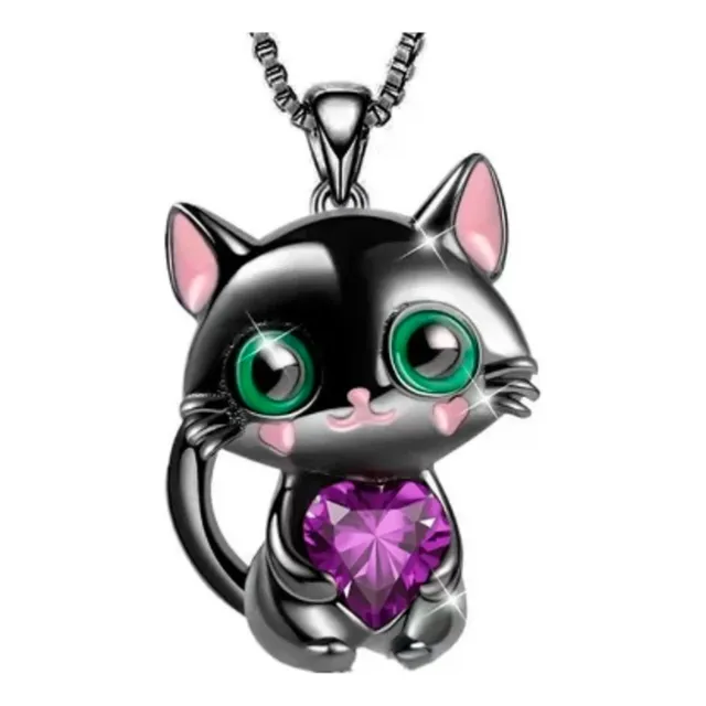 Collar Gato Con Cristal De Corazon, Mujer, Importado