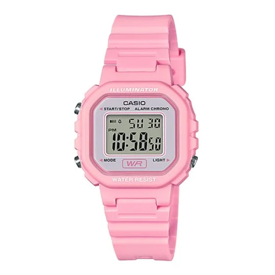 Reloj pulsera digital Casio Youth LA-20WH-4A1 con correa de resina color rosa - fondo gris