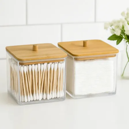 Kit Higiene Porta Algodão E Cotonete Para Banheiro E Quarto Tampa Em Bambu Pote Acrílico Moderno Ideal Para Organização Kit Para Bebê Multiuso