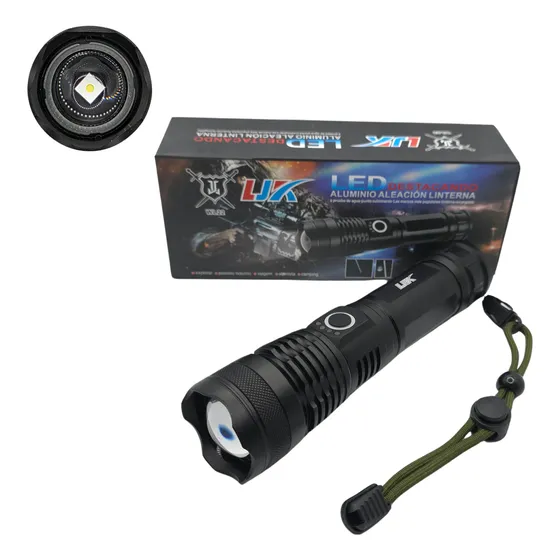 Lampara Tactica Recargable 30000 Lumens Zoom Aluminio Negro