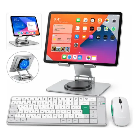 Kit Soporte Tablet + Teclado Y Mouse Bluetooth Recargables Gris