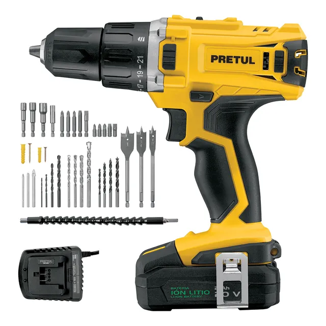 Taladro Inalámbrico 1/2 20v Acc Y Estuche Pretul TALI-20P2K Color Amarillo