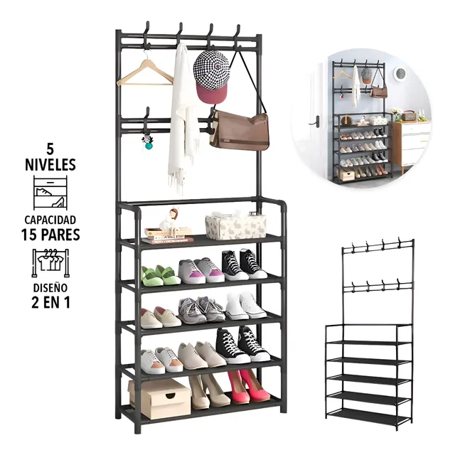 Zapatero de 5 Niveles Perchero Acero Metálico Organizador 2 en 1 Zapatera Armable Con 8 Ganchos Almacenamiento para Tenis Fsy Fasilyt Negro