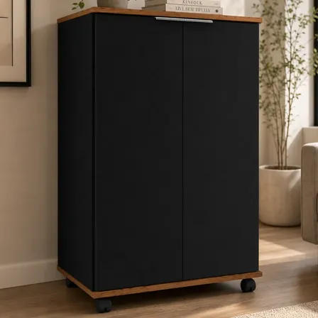 Armário Sapateira Multiuso 2 Portas Alto 115cm P/ Microondas Preto Com Freijó