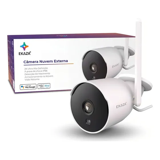 Câmera Inteligente Wifi Ekaza Quad Hd 2k 3mp Externa Bullet Visão Noturna Tuya Smart Life Alexa Google 110v 220v Bivolt EKJS-T2233 Branco