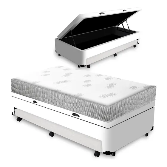 Cama Box Baú E Auxiliar Solteiro Com Colchão Ortobom Espuma Cor Branco