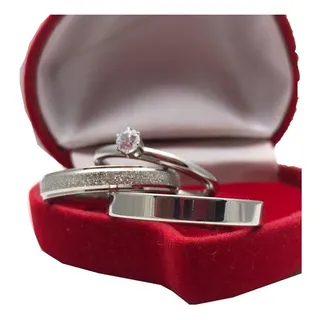 Par De Alianças De Compromisso Prata 4mm Fina + Solitårio Par De Alianças De Compromisso Prata 4mm Fina + Solitårio