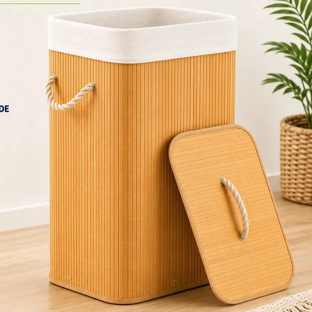 Cesto de roupa retangular Vittak feito de bambu na cor bege, com tampa removível, forro interno de tecido claro e alças de corda, posicionado sobre um piso de madeira.