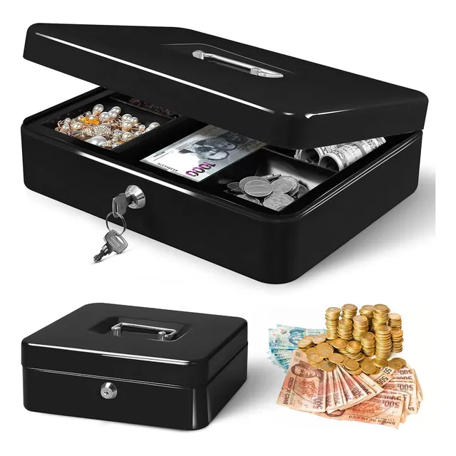 Caja De Metal Con Llave Y Divisores De Monedas 20 X 16 X 09