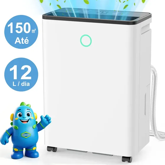 Desumidificador de Ar 12L/dia Potente para Ambientes até 150m² Compressor Antimofo Silencioso Timer 24h Drenagem Contínua Mangueira Inclusa Controle de Umidade Ideal Casa Quarto Sala Escritório