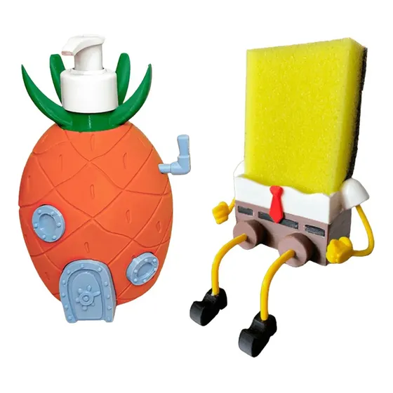 Kit Suporte De Bucha Do Bob Esponja E Dispenser Detergente