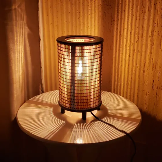 Abajur Luminária Cilíndrico Mesa Bambu Japonês Sala Quarto