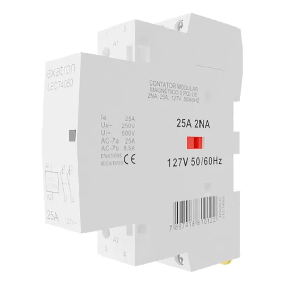 Contator Modular Chave Bipolar 25a 2na 2 Polos 110V 127V Contatora Exatron LECT4050 Trilho DIN35