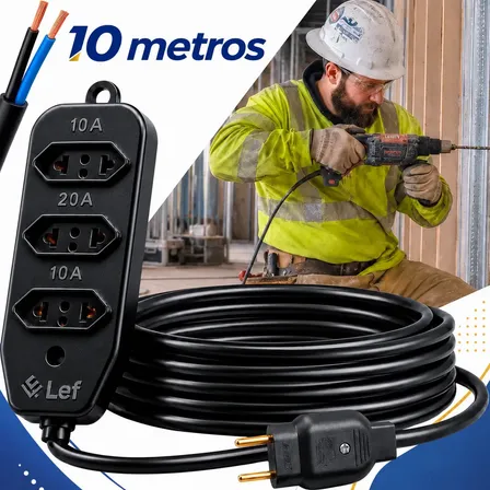 Extensão Elétrica 10 Metros Cabo Pp Reforçado 10a 20a Obra Preto