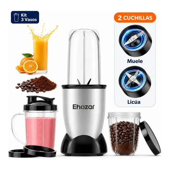 Licuadora Personal 500W Kit Completo 3 Vasos con Molino de Café Para Smoothies y Salsas Plateada